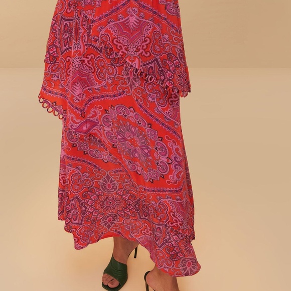 Farm Rio Red Paisley Scarf Loopy Trim Maxi Dress - Picture 7 of 9
